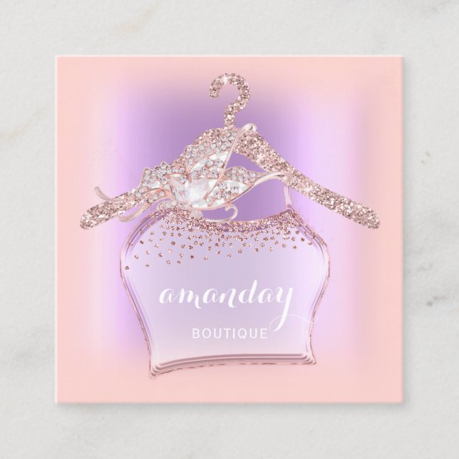 Tarjeta De Visita Cuadrada Rosa púrpura Purpurina Ropa de Diamante Boutique H (Anverso)