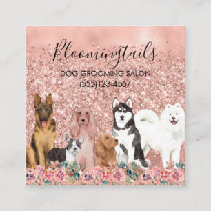 Tarjeta De Visita Cuadrada Rosa Purpurina de oro Floral acuarela Perros Groom