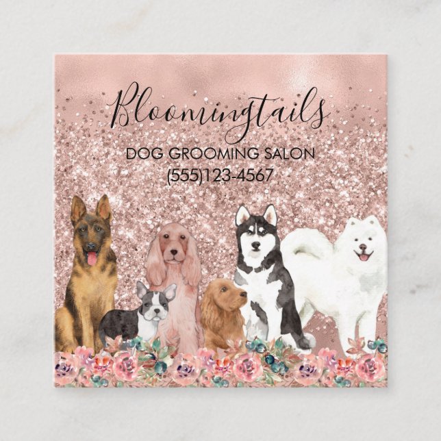 Tarjeta De Visita Cuadrada Rosa Purpurina de oro Floral acuarela Perros Groom (Anverso)