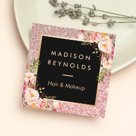 Tarjeta De Visita Cuadrada Rosa Purpurina de Oro Salón de Belleza Floral Rosa