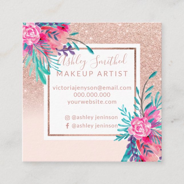 Tarjeta De Visita Cuadrada Rosa purpurina dorado maquillaje de acuarela flora (Anverso)
