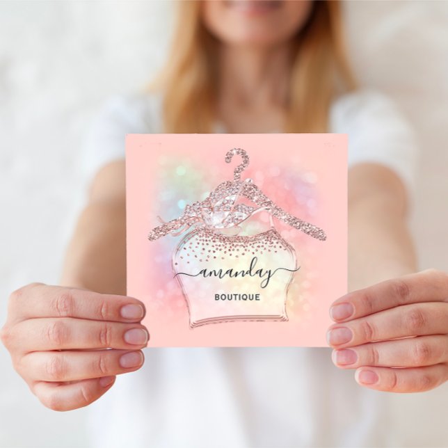 Tarjeta De Visita Cuadrada Rosa Purpurina Holografía Moda de colgador de ropa (Rose Glitter Holographic Cloth Hanger Fashion Square Business Card)