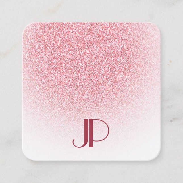 Tarjeta De Visita Cuadrada Rosa Purpurina rosa dorado Monograma moderno elega (Anverso)