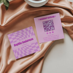 Tarjeta De Visita Cuadrada Rosa Retro Groovy Ondulado Cuadros con Código QR