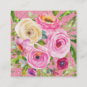 Tarjeta De Visita Cuadrada Rosas acuarelas en Purpurina rosa y crema rosada
