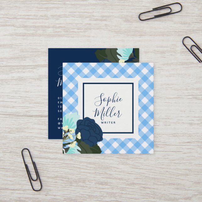 Tarjeta De Visita Cuadrada Rosas azules Floral y Blue Gingham (Anverso/Reverso In Situ)