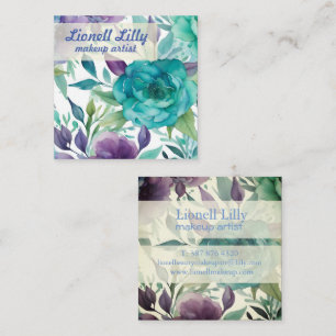 Tarjeta De Visita Cuadrada Rosas Azules Flores de Acuarela Púrpura