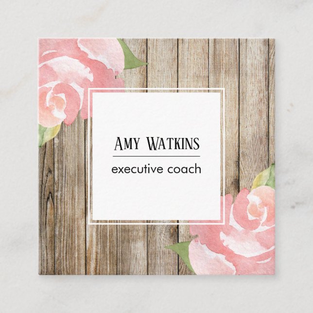 Tarjeta De Visita Cuadrada Rosas de acuarela rosa, madera rústica, iconos soc (Anverso)