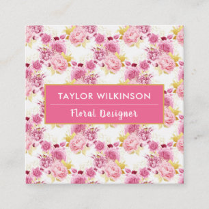 Tarjeta De Visita Cuadrada Rosas de flores de oro y rosa en los negocios de l