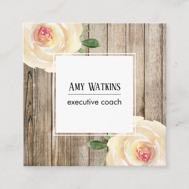 Tarjeta De Visita Cuadrada Rosas de marfil acuarela, madera rústica, iconos s (Anverso)