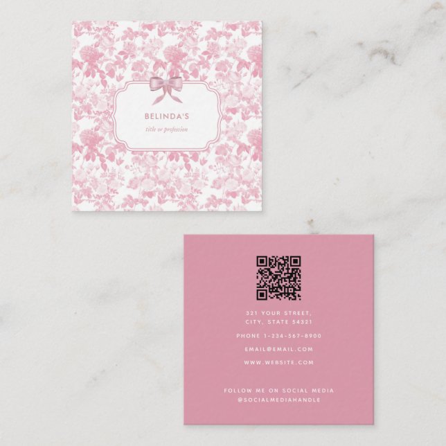 Tarjeta De Visita Cuadrada Rosas Florales Blancas Rosadas Chinoiserie Organiz (Anverso / Reverso)