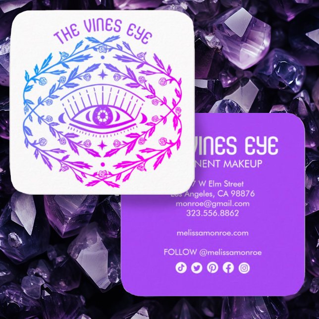 Tarjeta De Visita Cuadrada Rosas oculares místicos vivan boho mágico (Cool boho botanical eye line art in purple on these custom square business cards w social icons)