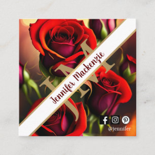 Tarjeta De Visita Cuadrada Rosas Rojas Elegantes Oro