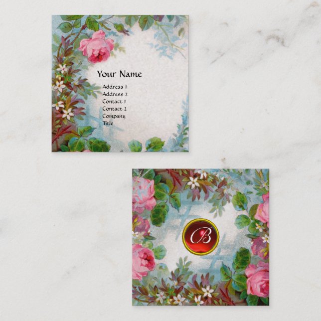 Tarjeta De Visita Cuadrada ROSAS ROSADOS, blanco de lujo del MONOGRAMA ROJO (Anverso / Reverso)