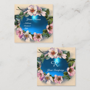 Tarjeta De Visita Cuadrada Rosas SALVAJES CON MONOGRAMA DE PIEDRA AQUA AZUL