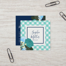 Tarjeta De Visita Cuadrada Rosas verde azulados Floral y Mint Gingham