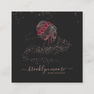 Tarjeta De Visita Cuadrada Rose Gold Floral Logo Peluquería   Elegante