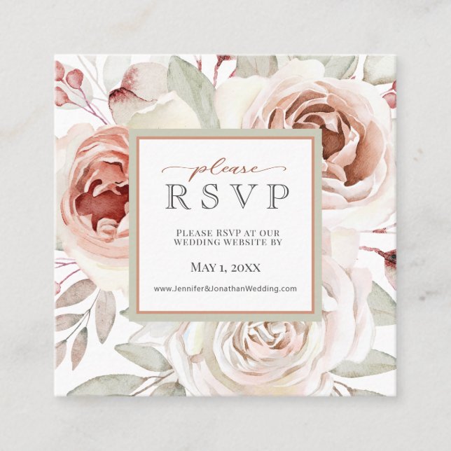 Tarjeta De Visita Cuadrada RSVP, sitio web del Boda de rosas romanticas (Anverso)