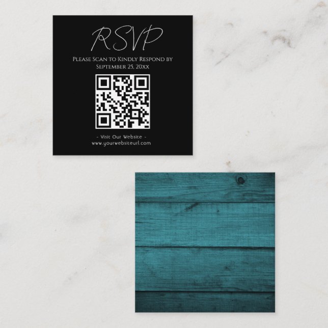 Tarjeta De Visita Cuadrada RSVP sitio web Rustic Blue Wood Boda (Anverso / Reverso)