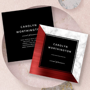 Tarjeta De Visita Cuadrada Rubí Rojo Moderno Mármol Blanco Hoja Brillada Negr