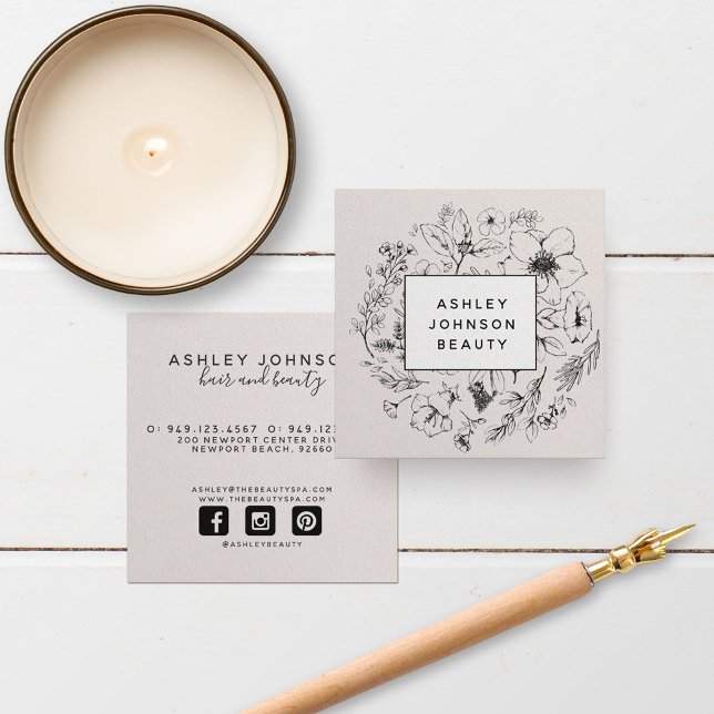 Tarjeta De Visita Cuadrada Rubor Botánico moderno Blanco rosa y Negro (Subido por el creador)