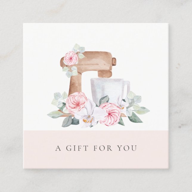 Tarjeta De Visita Cuadrada Rubor Cake Mixer Catering Floral Gift Certificate (Anverso)