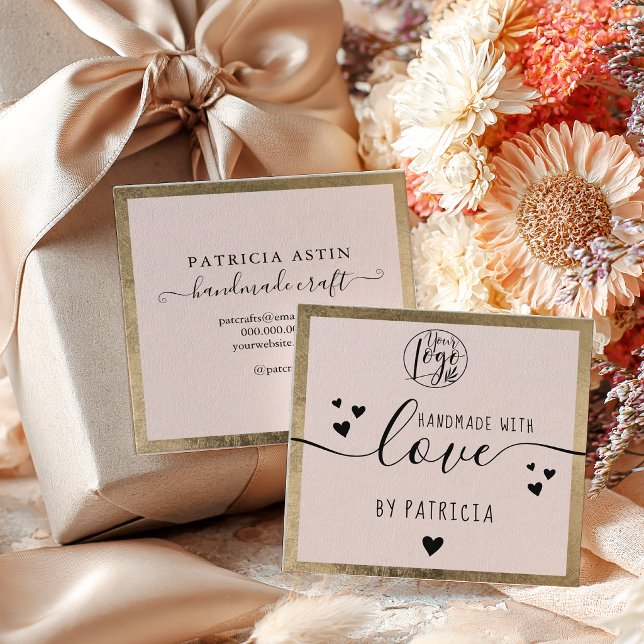 Tarjeta De Visita Cuadrada Rubor Dorado Rústico Logo de artesanía hecho a man (Rustic Gold Blush Pink Handmade craft logo Square Business Card)