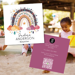 Tarjeta De Visita Cuadrada RUBOR morado SCANDI HEART RAINBOW BABYSITTER