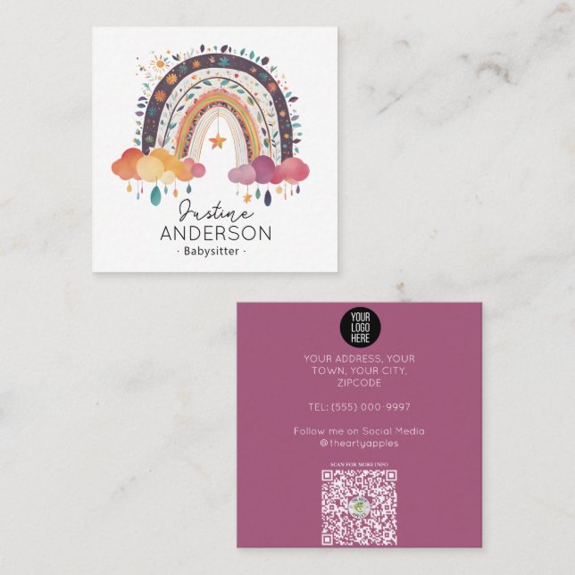 Tarjeta De Visita Cuadrada RUBOR morado SCANDI HEART RAINBOW BABYSITTER (Anverso / Reverso)