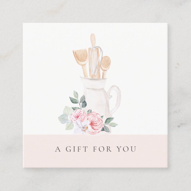 Tarjeta De Visita Cuadrada Rubor Utensils Catering Floral Gift Certificate (Anverso)