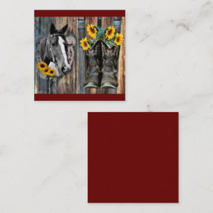 Tarjeta De Visita Cuadrada Russe Western Horse Cowboy botas Sunflowers