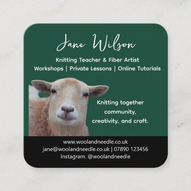 Tarjeta De Visita Cuadrada Rustic Knitting Teacher Business Card | Wool Yarn  (Anverso)