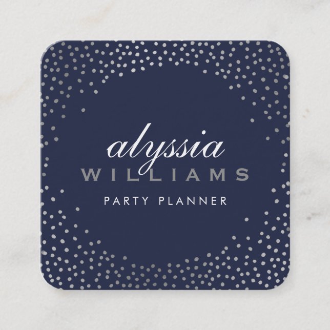 Tarjeta De Visita Cuadrada RUSTIC MINI CONFETTI lindo lujo azul marino plata (Anverso)