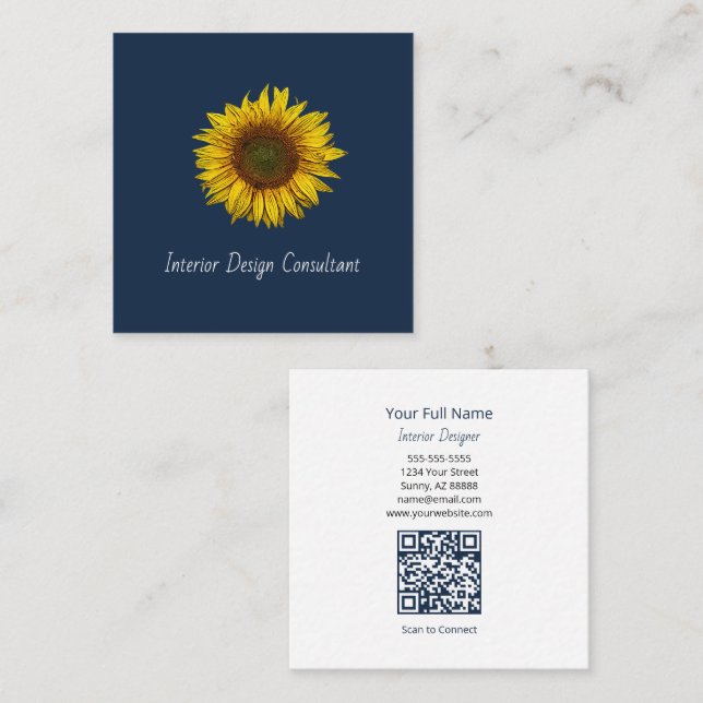 Tarjeta De Visita Cuadrada Rustic Sunflower QR code Boho Navy Blue (Anverso / Reverso)