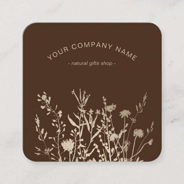 Tarjeta De Visita Cuadrada Rustic Wild Flowers Earthy Floral Sketches Logo (Anverso)