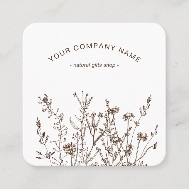 Tarjeta De Visita Cuadrada Rustic Wild Flowers Earthy Floral Sketches Logo (Anverso)