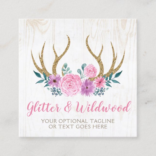 Tarjeta De Visita Cuadrada Rustic Wood & Floral Antlers Boutique Social Media (Anverso)