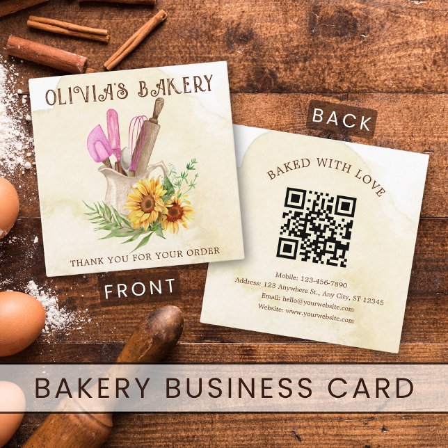 Tarjeta De Visita Cuadrada Rústica acuarela Panadería Gracias Pedir Código Qr (Rustic Watercolor Bakery Thank You Order Qr Code Square Business Card
)
