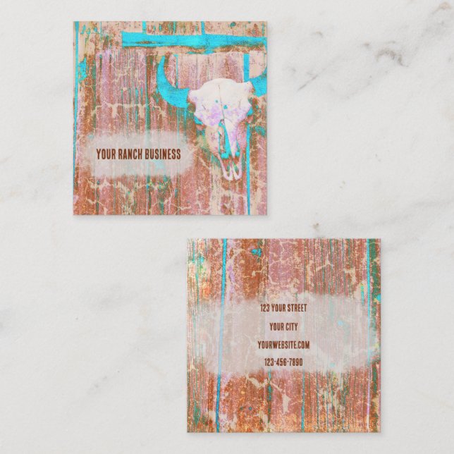 Tarjeta De Visita Cuadrada Rústica textura Verde azulada de estropajo de toro (Anverso / Reverso)