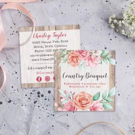 Tarjeta De Visita Cuadrada Rústico Campesino De Madera Campesina Floral Medio