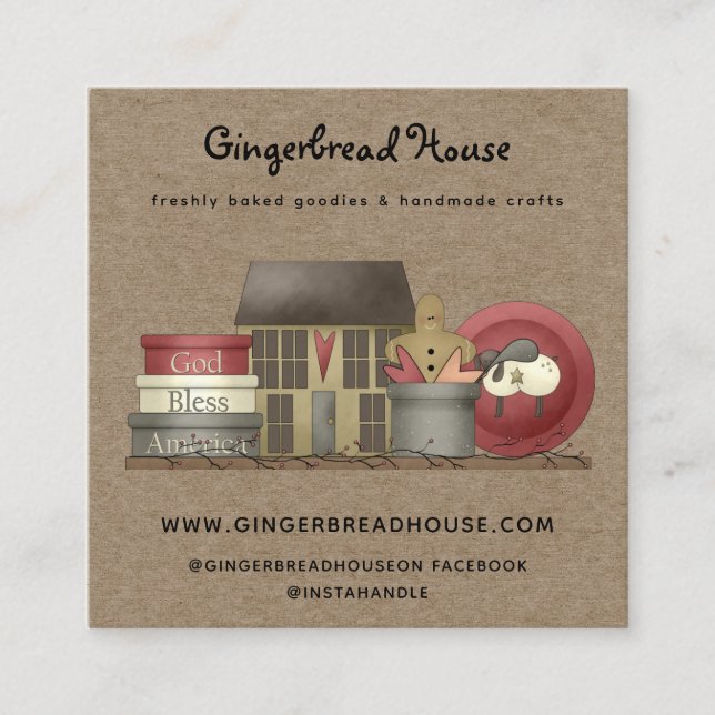 Tarjeta De Visita Cuadrada Rústico País Primitivo Kraft (Anverso)