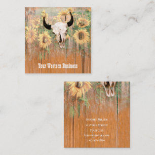 Tarjeta De Visita Cuadrada Rústico Western Bull Skull Sunflowers Madera Textu
