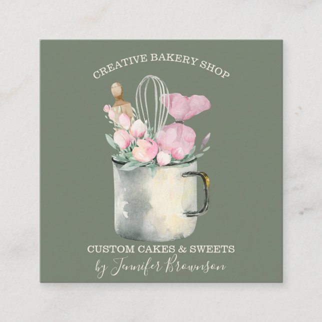 Tarjeta De Visita Cuadrada Sage Green Pastry Mug Boho moda Bakery (Anverso)