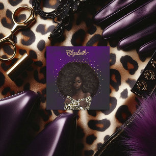 Tarjeta De Visita Cuadrada Salón de belleza afroamericano Leopardo Dorado y P