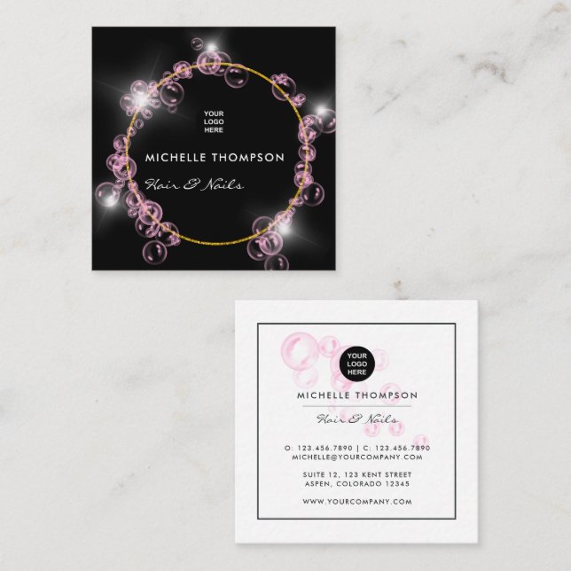Tarjeta De Visita Cuadrada Salon de belleza con jabón rosado y burbujas (Anverso / Reverso)