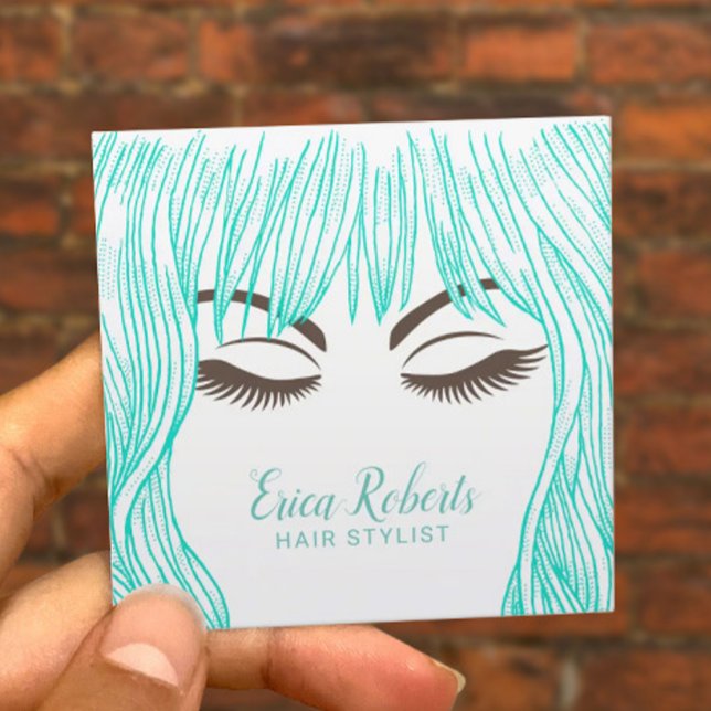 Tarjeta De Visita Cuadrada Salón De Belleza De Chica De Pelo Verde azulado De (Subido por el creador)