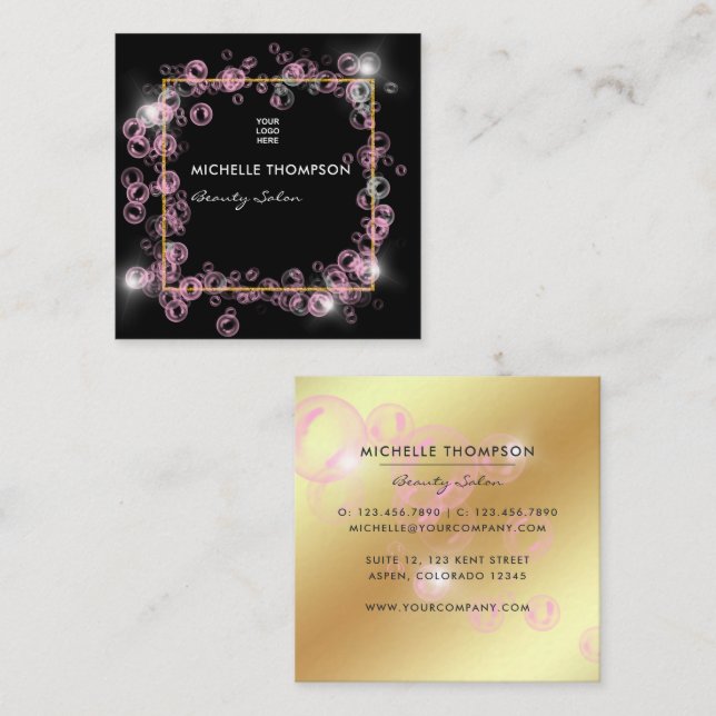 Tarjeta De Visita Cuadrada Salón de belleza de jabón rosa y dorado esparcido  (Anverso / Reverso)