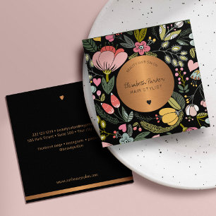 Tarjeta De Visita Cuadrada Salón de belleza florido de color rosa pastel con