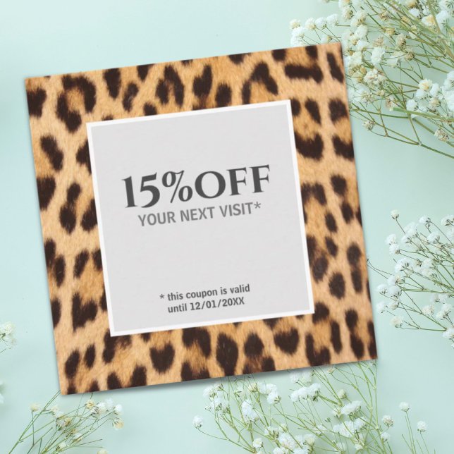 Tarjeta De Visita Cuadrada salón de belleza leopardo imprimir cupón de descue (beauty hair salon leopard print discount coupon square business card)