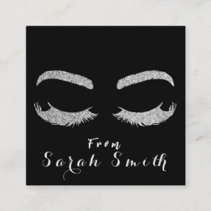 Tarjeta De Visita Cuadrada Salón de belleza Purpurina Lash rosa Plata Metaliz